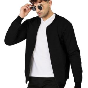 LEOTUDE CASUAL JACKET For Men's Loopknit Regular Fit Full Sleeve Zipper Bomber Jacket for men (Color: Black)