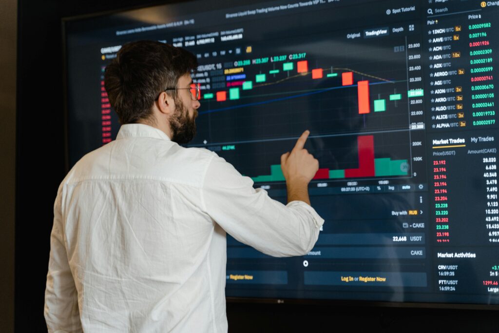 Global financial market data on a screen with stock charts